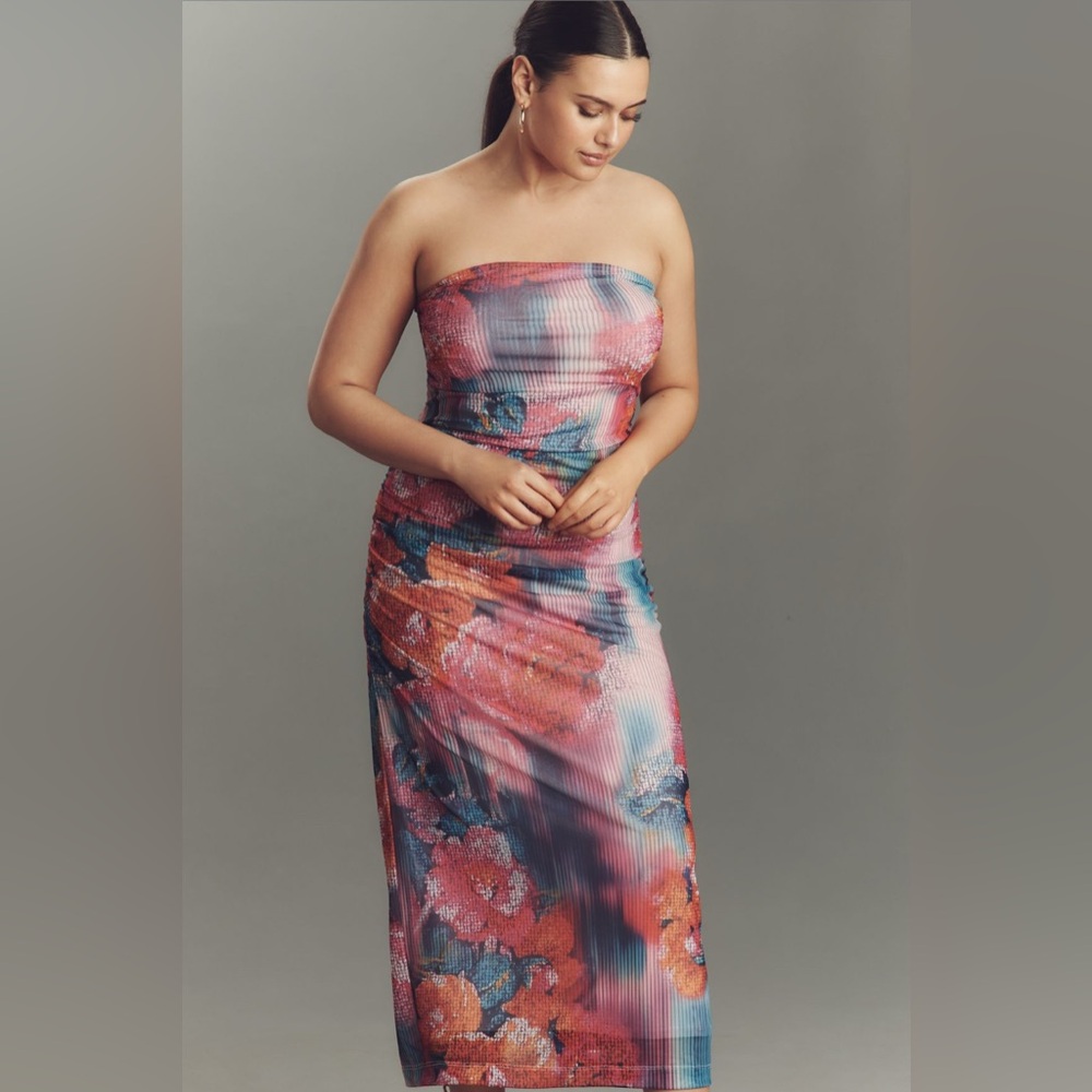 ✨ Anthropologie Soleil Slim Strapless Ruched Mesh Dress Sz XL - Picture 5 of 10